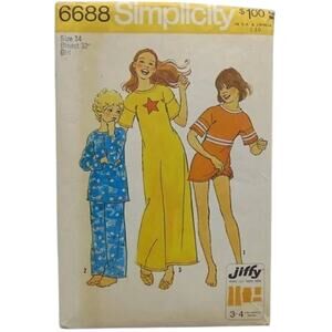 UNCUT Vintage 1970s Simplicity 6688 Sewing Pattern Sz XS PJs Nightgown Top Pant